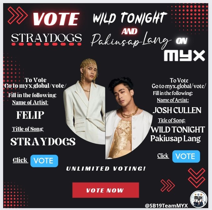 SB19TeamMYX's tweet photo. [ UPDATE ] ⚠️
MYX DAILY TOP 10  (June 23, 2023)
  
No. 1 I WANT YOU 
No. 2 GENTO 
No. 6 WILD TONIGHT
No. 7 Pakiusap Lang 
No. 8 STRAYDOGS 

Cast your votes for our Mahalima's music videos on https://t.co/kRYwRaEXw2.

Note: MYX voting is UNLIMITED!

@SB19Official #SB19 https://t.co/ThwQNPQd7L