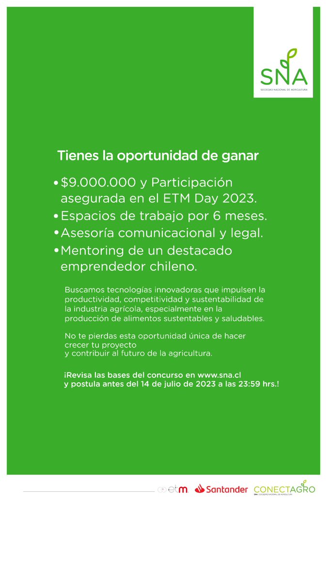SNA_Chile's tweet photo. #DesafioConectagro
La #SNA busca tecnologías innovadoras que impulsen la productividad y sostenibilidad de la industria agrícola.
Postula a #Conectagro y no te pierdas una oportunidad ÚNICA de contribuir con el futuro del agro. 🌱
https://t.co/gFBJpo6R9k https://t.co/wwtgIVkeNh
