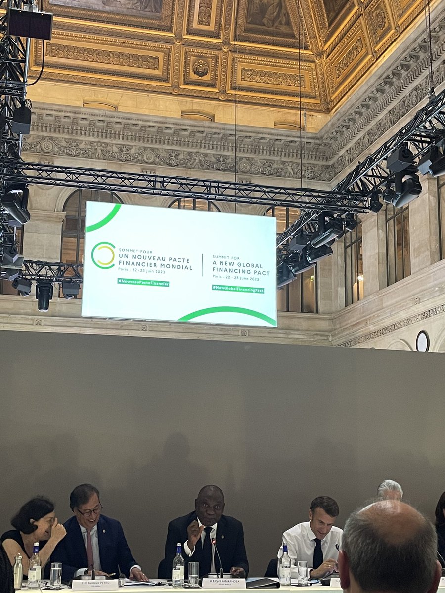 “You can smell the money” - @CyrilRamaphosa reminding leaders that amongst priorities of #NewGlobalFinancialPact we must address debt levels, the cost and conditions of finance, and reform multilateral institutions to increase voice of countries #ParisSummit