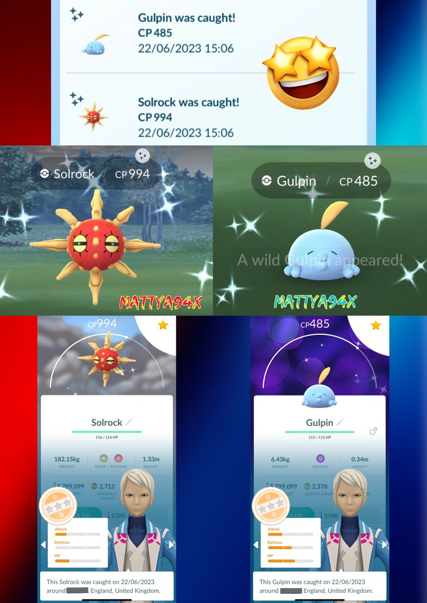MattyA94x's tweet photo. After Work Bus SHINIES Ftw! And got lucky with BACK TO BACK FULL ODDS WAS ABSOLUTELY SURPRISED 🎉✨😅✨🤩✨😜✨🎉

☀️ My 5th Ever SHINY SOLROCK And 3rd one of the Event! 
☠️ After that I Tapped a SHINY GULPIN 1st one since Hoenn Tour

#PokemonGO #ShinyPokemon #SolsticeHorizons https://t.co/p8CYUnw2U5