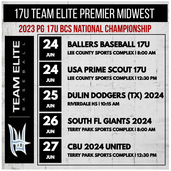 Here is our schedule for the 2023 <a href="/PG_Tourney/">Perfect Game Tournaments</a> 17U BCS National Championship down in Fort Meyers, FL from June 24-June 28. Playing against some top notch competition at great venues. Looking forward to seeing how the boys compete and play down south!