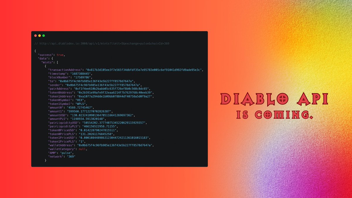 Diablo_Dex's tweet photo. Our Roadmap to Hell is Coming Together.

We're proud to introduce Diablo API. The All-in-one API for all Crypto Data. PulseChain was lacking a multi-chain free public API. So we built it. 
Next up Diablo Tracker.

Feel free to read docs: https://t.co/rpheBakQxg https://t.co/w5PNNadS0w