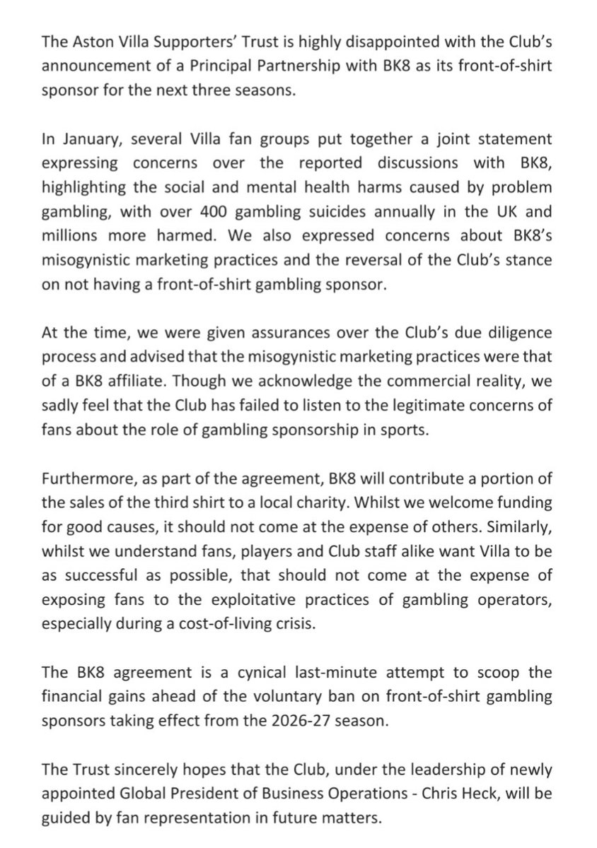 Villa_Trust's tweet image. AVST Statement: BK8 Sponsorship
#AVFC
