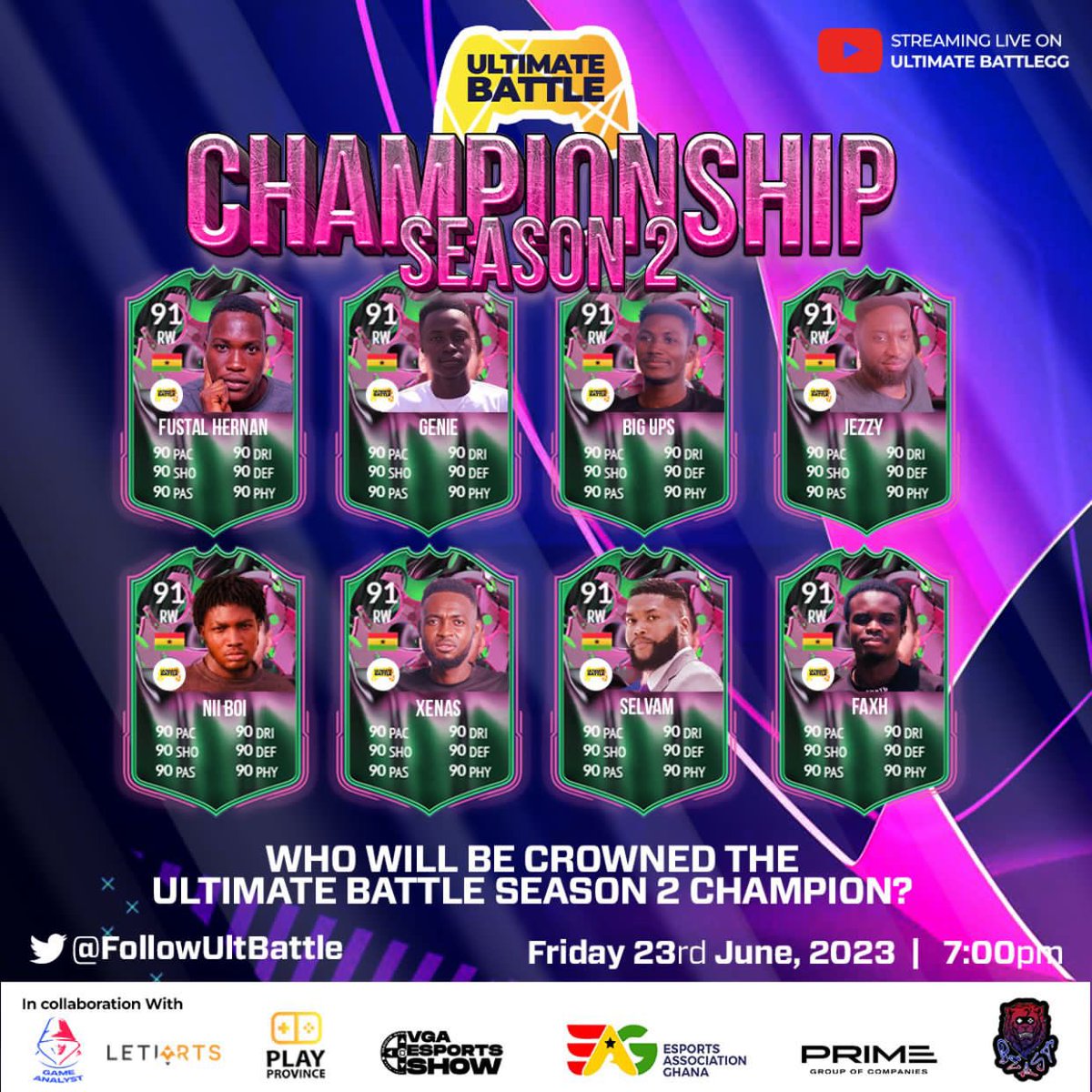 followUltBattle's tweet photo. The Battle is On
Who is your favorite to win Season 2 of Ultimate Battle Championship ?🔥💪🏽
It’s Tomorrow Don’t miss out
Futsal Hernan
Genie
Bigups
Jezzy
Nii Boi
Selvam
Xenas
Faxh
#UltimateBattle #UBS2 #UBChampionship https://t.co/i2IuCTcefw