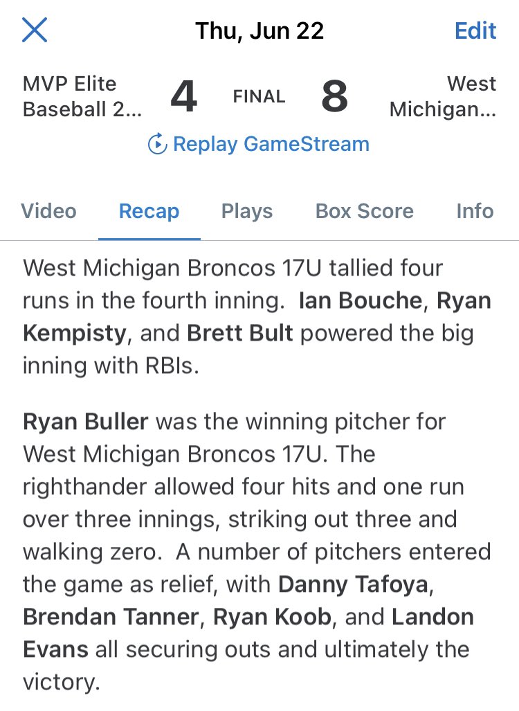 Steven Swope (@coachswope4) on Twitter photo Broncos WIN Game 1! Showed a ton of patience at the plate (12 walks) & the pitching was solid!
<a href="/RyanBuller6/">Ryan Buller</a> 3 innings 1 ER 3 Ks
<a href="/brettbult2/">Brett Bult</a> 1 hit 2 RBI
@boucheian 1 hit 1 RBI
<a href="/_danieltafoya10/">Daniel Tafoya</a> 1 hit
<a href="/devaney_landon/">Landon DeVaney</a> <a href="/landonE72020203/">Landon Evans</a> <a href="/hr_krugh/">Hunter Krugh</a> & R. Kempisty 1 RBI
<a href="/PBRTournaments/">Prep Baseball Tournaments</a> Broncos WIN Game 1! Showed a ton of patience at the plate (12 walks) & the pitching was solid!
<a href="/RyanBuller6/">Ryan Buller</a> 3 innings 1 ER 3 Ks
<a href="/brettbult2/">Brett Bult</a> 1 hit 2 RBI
@boucheian 1 hit 1 RBI
<a href="/_danieltafoya10/">Daniel Tafoya</a> 1 hit
<a href="/devaney_landon/">Landon DeVaney</a> <a href="/landonE72020203/">Landon Evans</a> <a href="/hr_krugh/">Hunter Krugh</a> & R. Kempisty 1 RBI
<a href="/PBRTournaments/">Prep Baseball Tournaments</a>