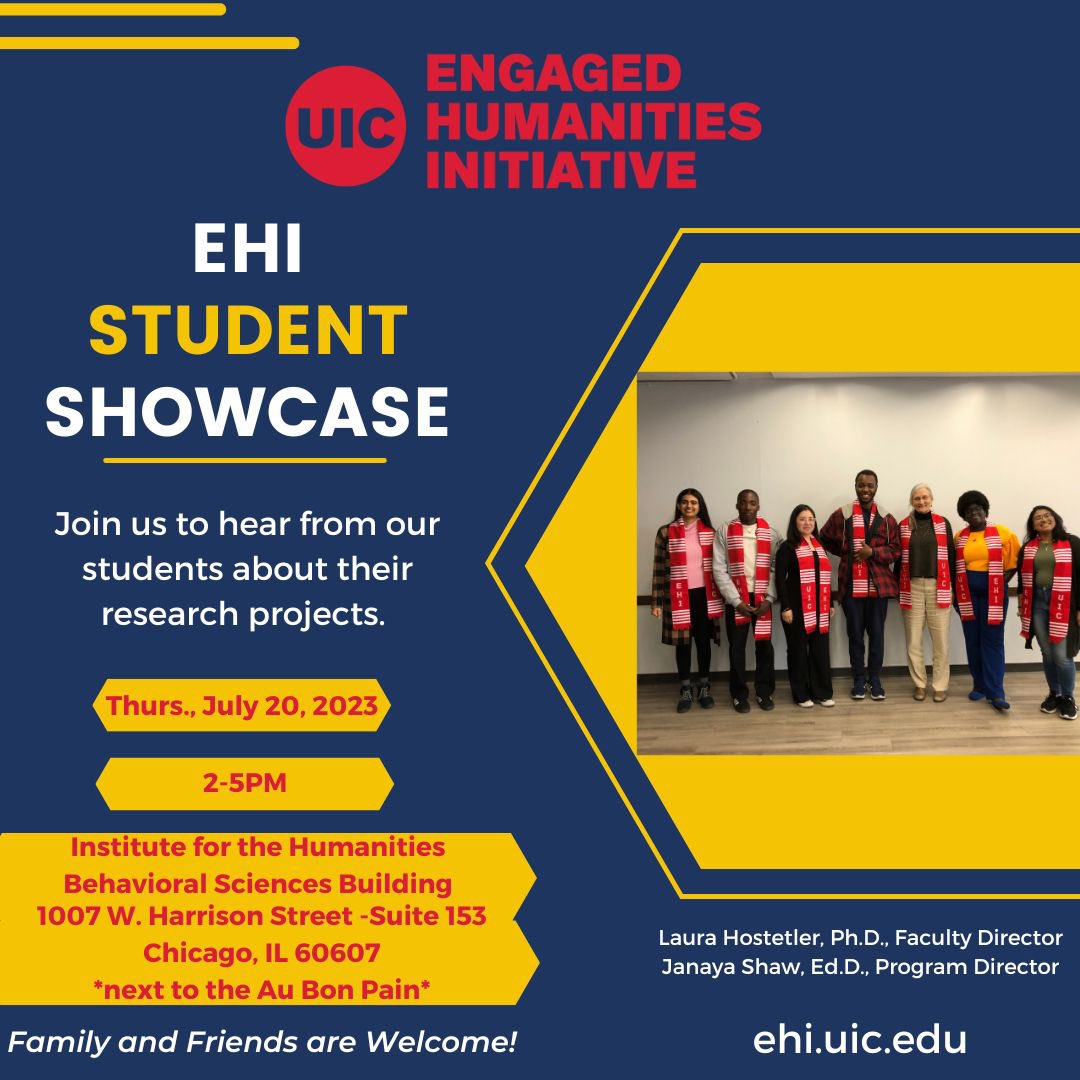 UICEngagedHuman's tweet photo. The EHI Summer Student Showcase will be held on Thurs., July 20, 2023 from 2-5PM in BSB 153. Join us to celebrate our students’ research projects. https://t.co/LyVrdpkg4s