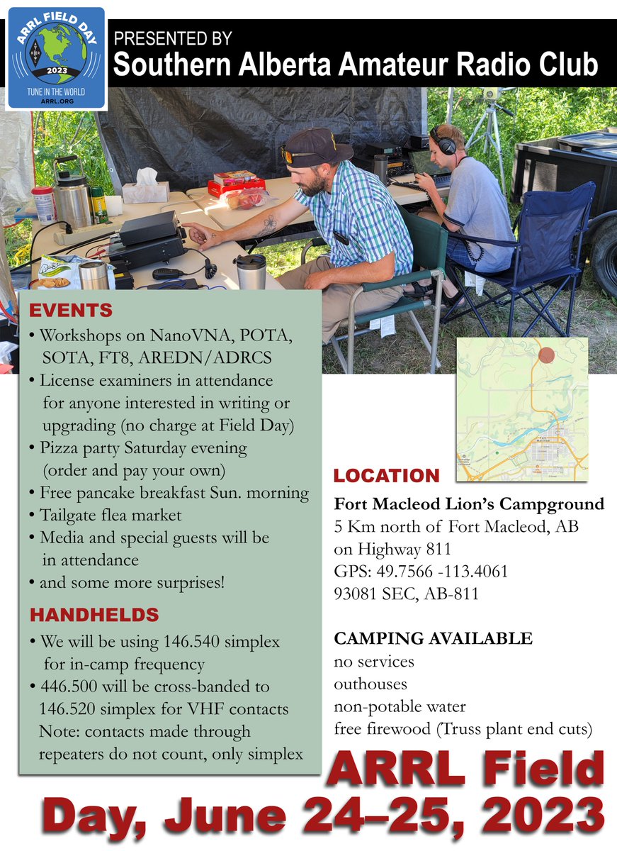 Looking forward to Field Day  this weekend at Ft. Macleod, Alberta, Lion's Club Campground. We have almost half the campground booked. <a href="/RACTWEETS/">RAC HQ</a> #ARRLFD