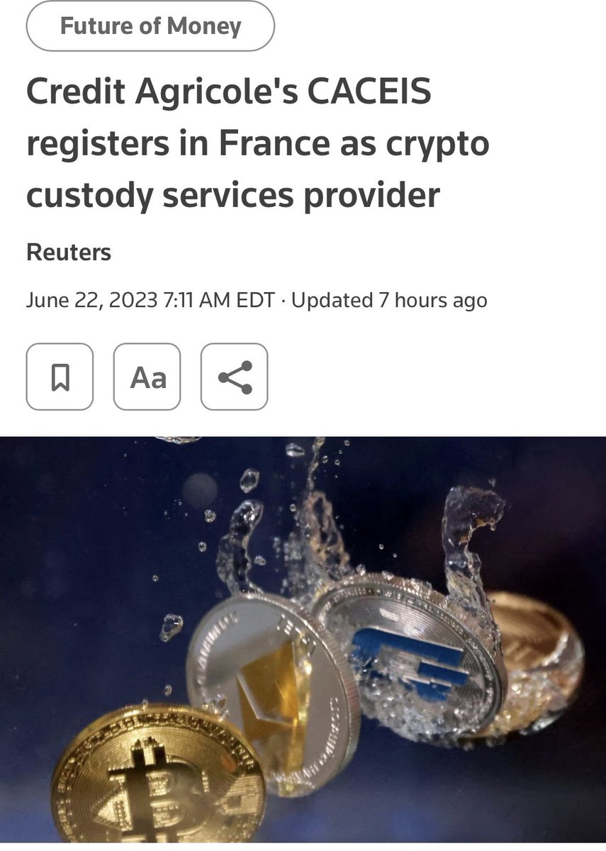 France’s Credit Agricole CACEIS has registered as a crypto custody provider!!! They are worth 5.1 trillion BTW.
