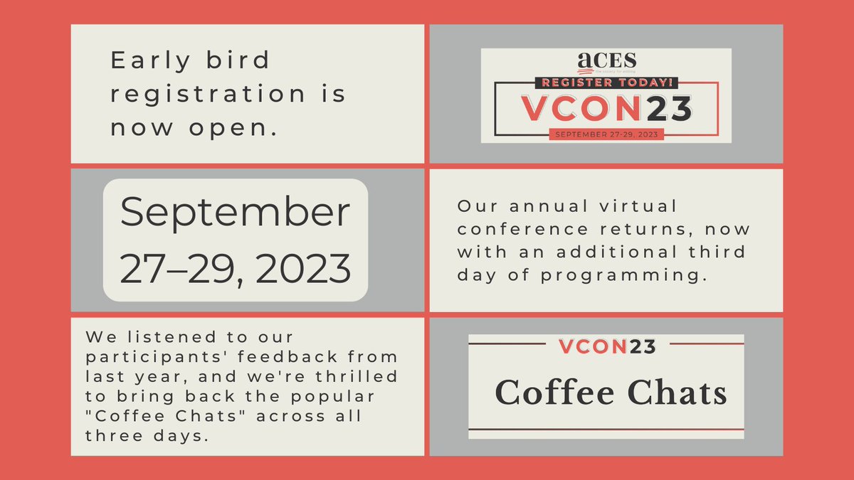 ACESEditors's tweet photo. ACES' Early Bird Registration is now open. Register today for our annual virtual conference, now with an additional third day of programming.  ACES VCON23 Registration: https://t.co/7YmqHt36HN #aces #aceseditors #ACESVCon23 https://t.co/JTGgUmHCSF