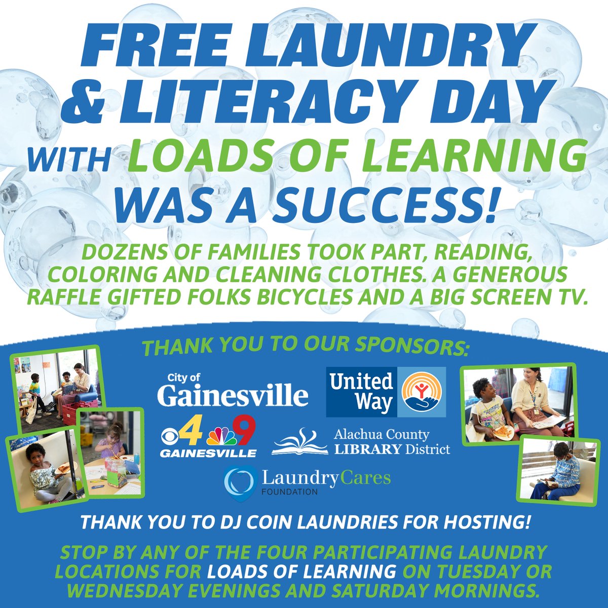mycbs4's tweet photo. Free Laundry &amp; Literacy Day was a success! Dozens of families took part, reading, coloring and cleaning clothes. Stop by any of the four participating locations for Loads of Learning on Tuesday or Wednesday evenings &amp; Saturday mornings.
#LoadsofLearning #CBS4Gainesville https://t.co/RwMbOG3UVP