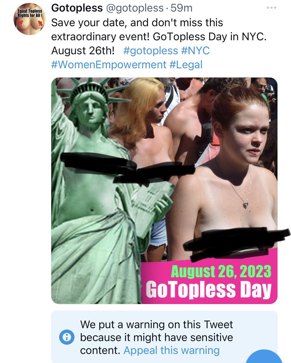 Twitter just warned us for posting uncensored photo of NYC Gotopless activists. Just appealed them, wondered how they will respond. Topless men’s photo don’t need to mark as “sensitive content” then so should be for women too! #gotopless #EqualityForAll