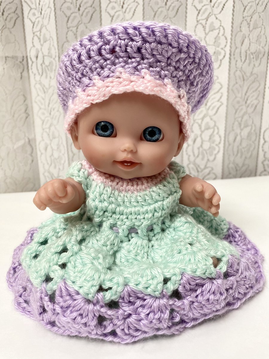 Check out #LilCutsie #Baby Doll #Berenguer Pink Purple Green #Crochet Dress Hat 8.5 Inch ebay.com/itm/1451511136… #eBay via @eBay