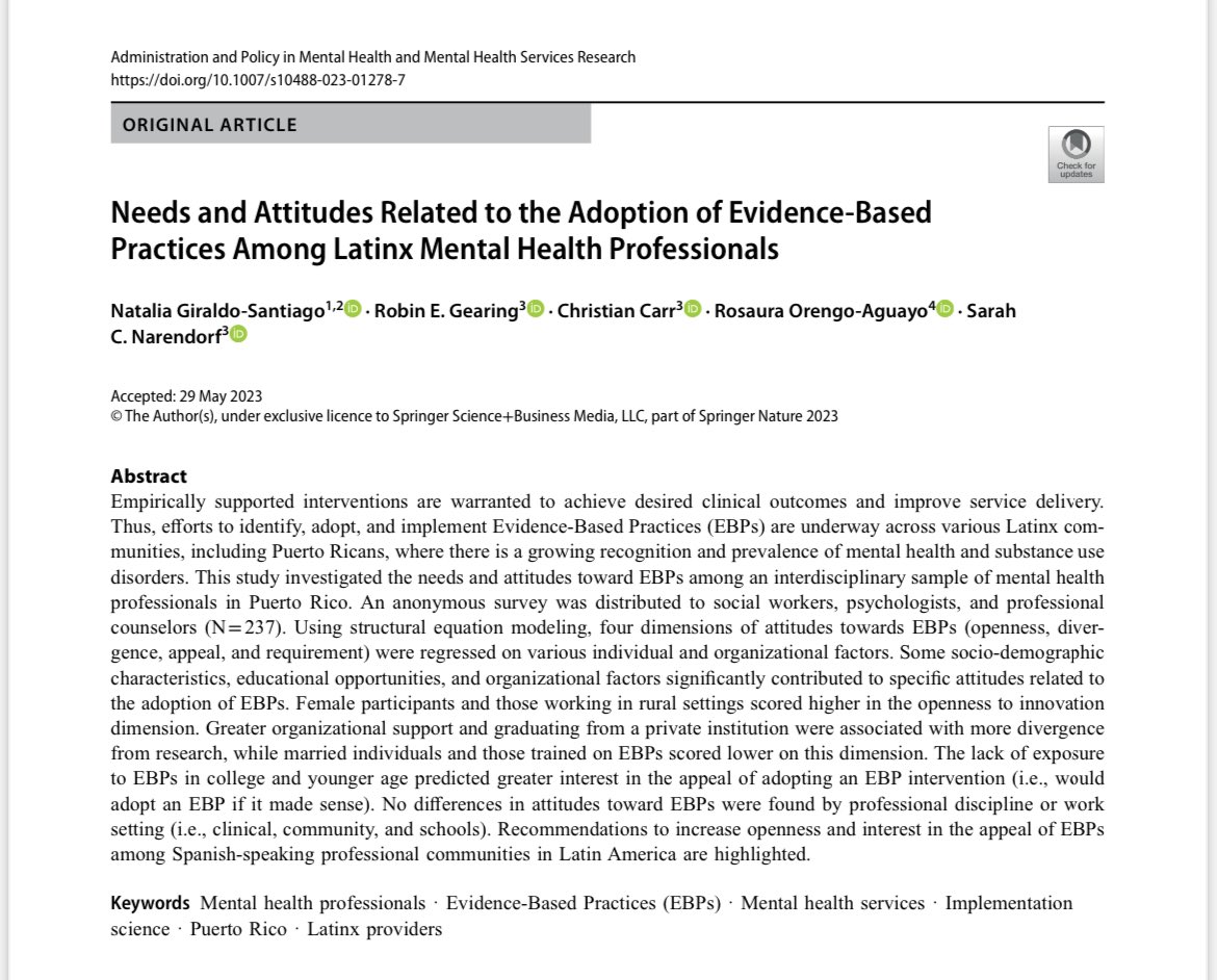 Excited to share my FIRST first authored publication highlighting the needs of Latinx mental health professionals and their attitudes towards much needed EBPs in Puerto Rico. 🎉 link.springer.com/article/10.100…