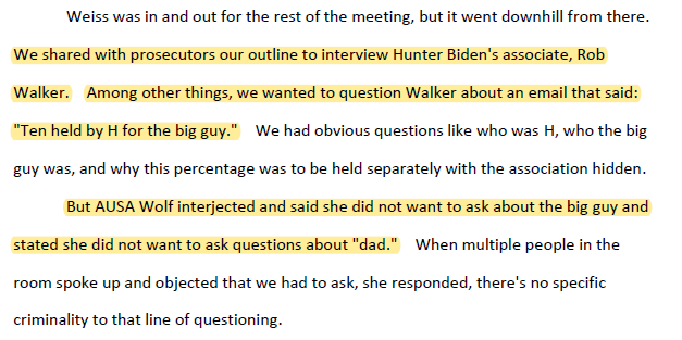 The IRS whistleblower's deposition has been released.

Details on the sabotage of the Hunter Biden investigation - 

The DOJ shut down questions on an e-mail to Hunter: 'Ten held by H for the big guy'

DOJ demands not to ask about the 'big guy'