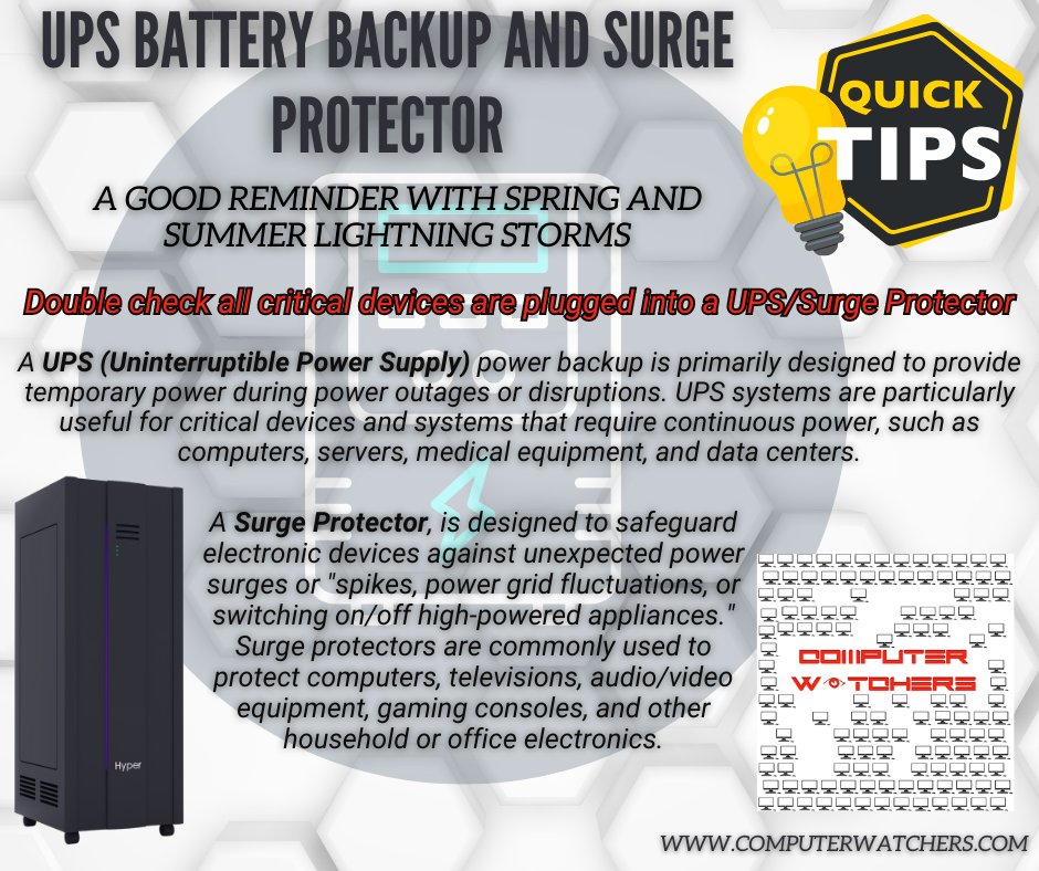 UPS Battery Backup and Surge Protector

A GOOD REMINDER WITH SPRING AND SUMMER LIGHTNING STORMS

Double check all critical devices are plugged into a UPS/Surge Protector

computerwatchers.com
#computerwatcher #networkservices
#quicktips