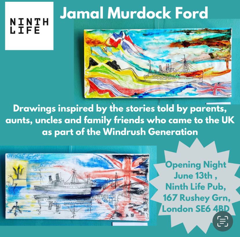 Today we mark 75 years since the #Windrush landed at Tilbury. Our current exhibition @ninthlifepub features work by Jamal, who is a young outsider artist and child of Windrush. His art shows the highs and lows of migration. #WindrushDay #Catford #SE6