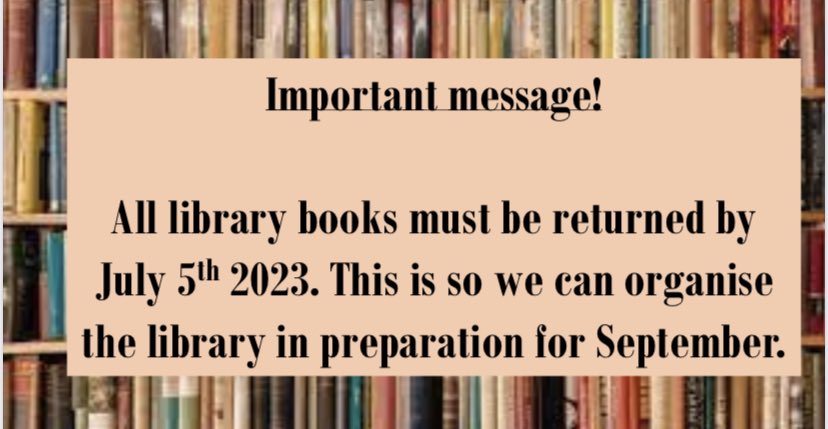 YCB_English's tweet photo. All library books must be returned by Wednesday 5th July 2023. This is so we can organise the library in preparation for September. It is vitally important that ALL books are returned by this date. Make sure that you’ve taken an AR quiz on your book when returning 📚🙂 https://t.co/aAurrFTz4R