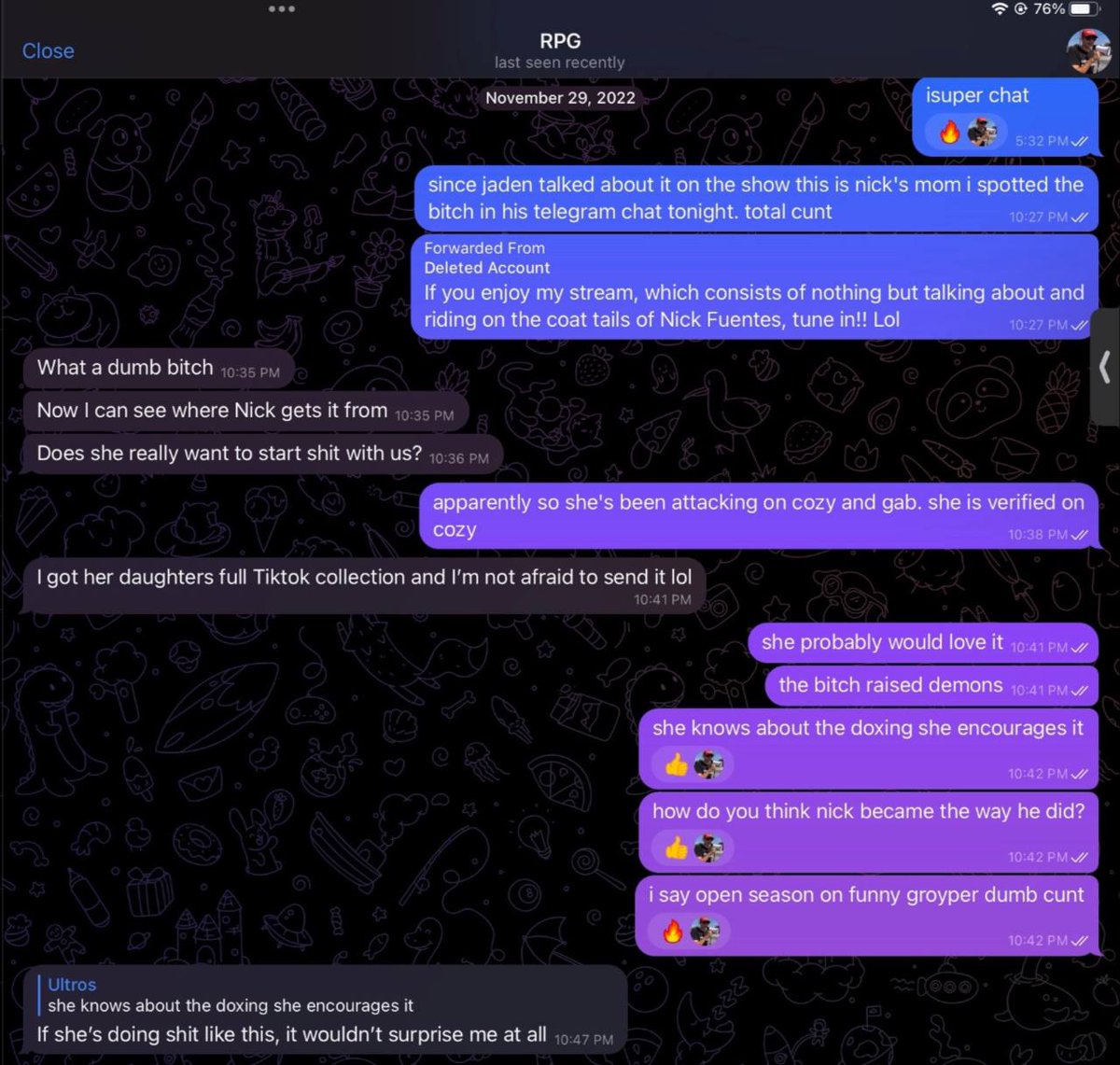 GNN: #TeddyFeaser has been screaming that he is gay for pay for the past 48 hours and released one sided texts with Ultros.

An anonymous source sent GNN the full convo revealing that @RedPillGangTV provided Kino Casino with Nick Fuentes’ sister’s full TikTok collection.