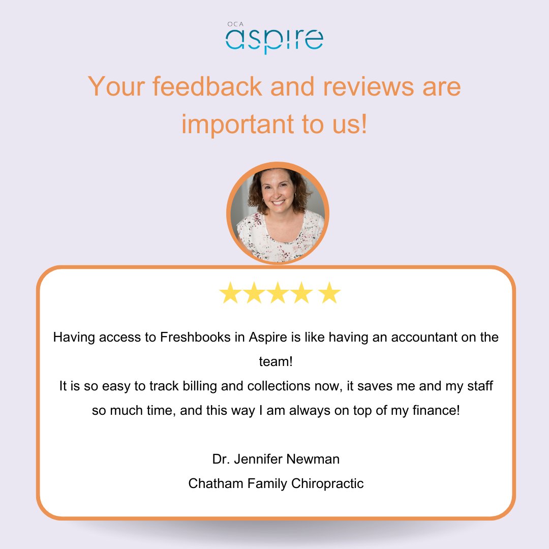 Dr. Newman appreciates the @FreshBooks integration OCA Aspire offers!! 👏
Learn more about the benefits of this no-cost integration like multiple invoice payments and customizable reports. 
Book a demo with a link in the bio.

#freshbooks #ocaaspire #practicemanagement