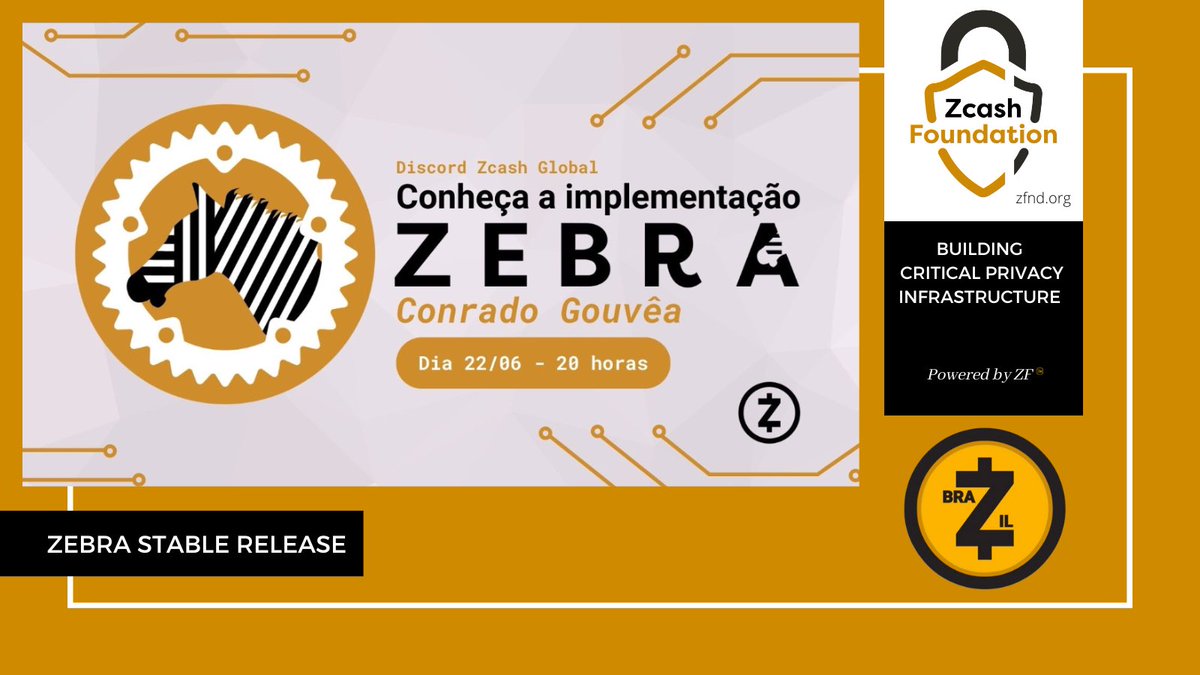ZcashFoundation's tweet photo. Today at 11pm UTC (7pm EDT) in #Zcash Global Discord:

Join ZF Engineer @conradoplg to talk about the launch of #Zebra, a new Zcash full node implementation, &amp; find out about the Zebra creation process, comparisons with Zcashd and much more!

https://t.co/WCb2Ona3Ic https://t.co/o9UzyNS02j
