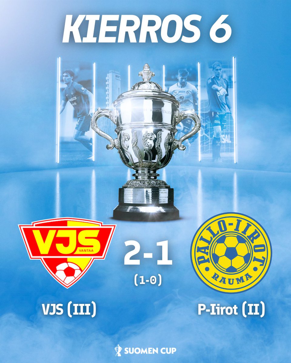 VJS Eurooppaan! VJS voittaa Pallo-Iirot 2–1 ja etenee Suomen Cupissa kahdeksan parhaan joukkoon. Tämä tietää samalla sitä, että VJS lunastaa paikan vuoden 2024 UEFA Regions' Cupiin.⁣

tulospalvelu.palloliitto.fi/match/2991519/…
⁣
#SuomenCup 🇫🇮🏆