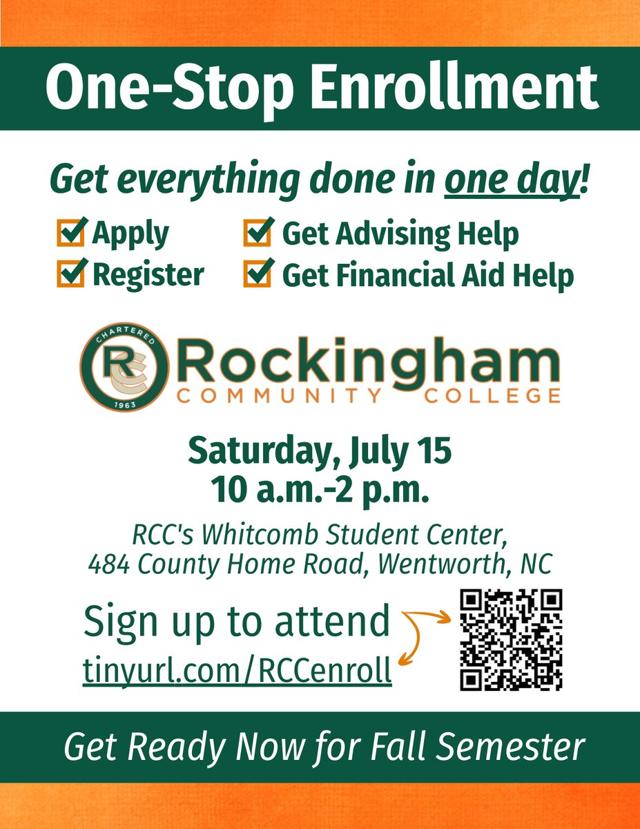 Join us for  One-Stop Enrollment day! On Saturday, July 15, come spend just an hour with us on the RCC campus, where you'll talk to an academic advisor, apply for admission, get help with financial aid, and register for your fall classes! Visit tinyurl.com/RCCenroll.