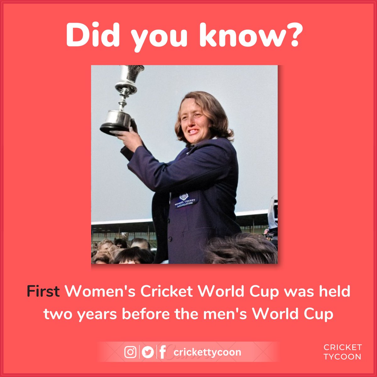 The inaugural women's cricket World Cup was held in 1973, two years before the first-ever men's World Cup. 

#cricket #testcricket #womenscricket #cricketfacts  #followforfollowback #follow4followback #crickettycoon #cricketfans