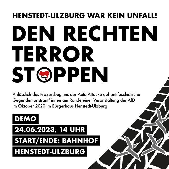 Am Samstag auf nach #HenstedtUlzburg!
Gemeinsame Anreise aus #Hamburg  
24.6., 12.30, HBF Reisezentrum
👉 antifavernetzunghh.noblogs.org/post/2023/06/1…

#NoNazisHH #AntifaHH #TatortHU