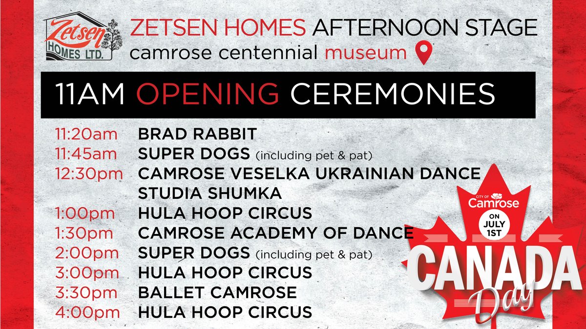 Join us as for the 2023 Canada Day celebrations on July 1st at the Camrose Centennial Museum! Zetsen Homes Afternoon Stage will feature lots of local performers!  Find out more at camrose.ca/canadaday