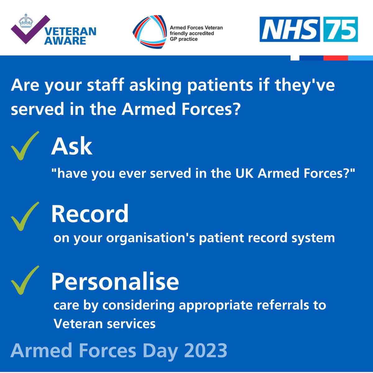NHSArmedForces's tweet image. Are your staff asking patients if they’ve ever served in the #UK #ArmedForces?  #NHS can offer bespoke care to #Veterans in England.  Find out more at nhs.uk/armedforceshea…
 #ArmedForcesDay @NHSEngland @rcgp @NHSVeteranAware @NHSOpRESTORE