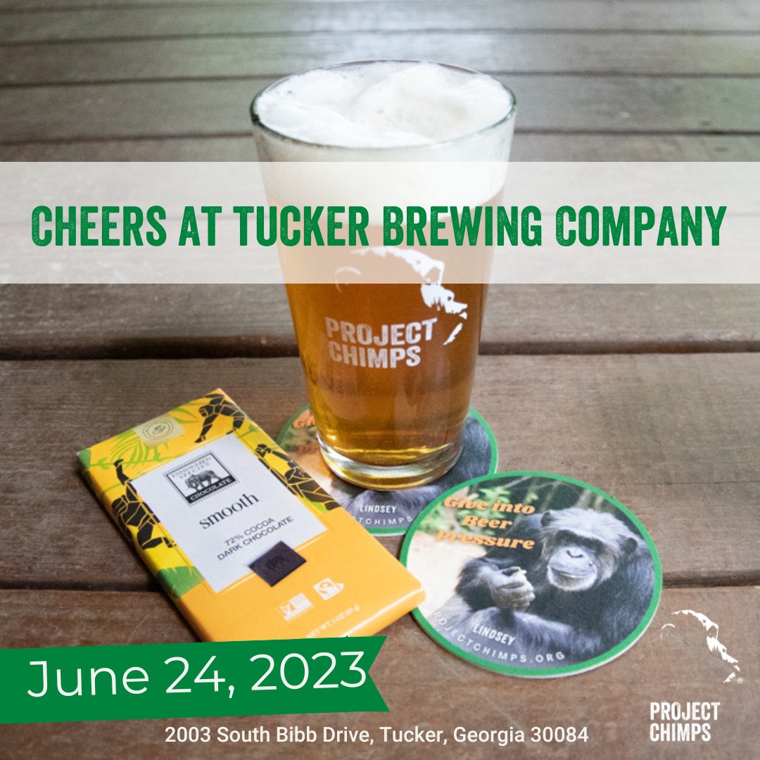 Don't forget, Cheers for Chimps this  Saturday, June 24, 2023 2 p.m. - 8 p.m. at Tucker Brewing Company near Atlanta!

$25, for a pour in souvenir glass, #LindseyChimp coaster, chocolate bar and LIVE music!

Reserve your spot today:
projectchimps.doubleknot.com/event/2023-che…