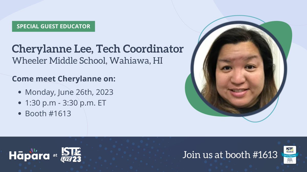 Going to #ISTELive23? You have the chance to speak with a Hāpara customer!

📍Stop by booth 1613 to meet Cherylanne Lee, Tech Coordinator from Wheeler MS in Hawaii.

🗓 Monday the 26th from 1:30 pm - 3:30 pm.

#HāparaISTE