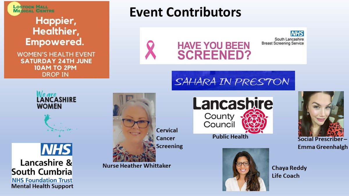 The full line up for Women’s Health Event on Saturday 24 June at Lostock Hall Medical Centre, 10-2. See you there!