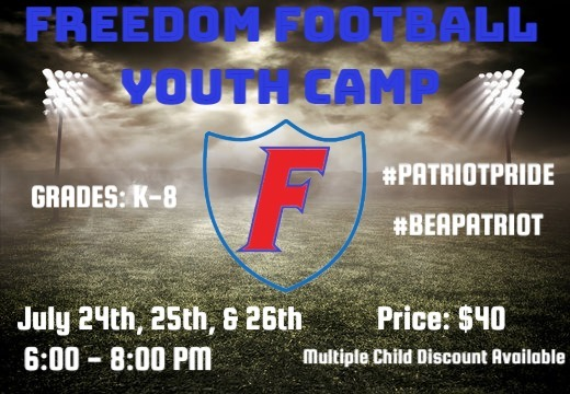 Pre-Registration link is now up for Freedom Football's Youth Camp this summer. REGISTER NOW to guarantee your child's spot and T-Shirt size. 

shorturl.at/etDFT