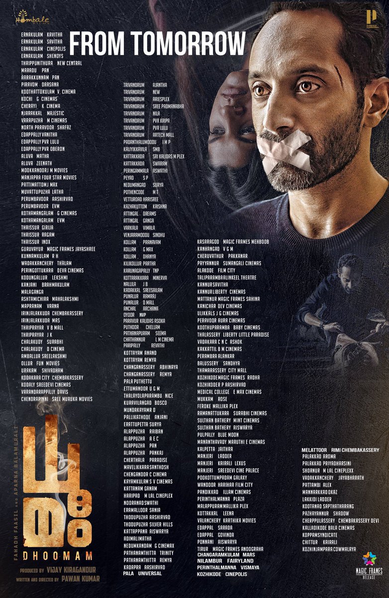 Get ready for a thrill ride with #Dhoomam in cinemas from Tomorrow 🔥 Here's the Kerala theatre list (as of today). #FahadhFaasil @pawanfilms #VijayKiragandur @Aparnabala2 @hombalefilms @PrithvirajProd @HombaleGroup @ChaluveG @Poornac38242912 #PreethaJayaraman @AneesNadodi