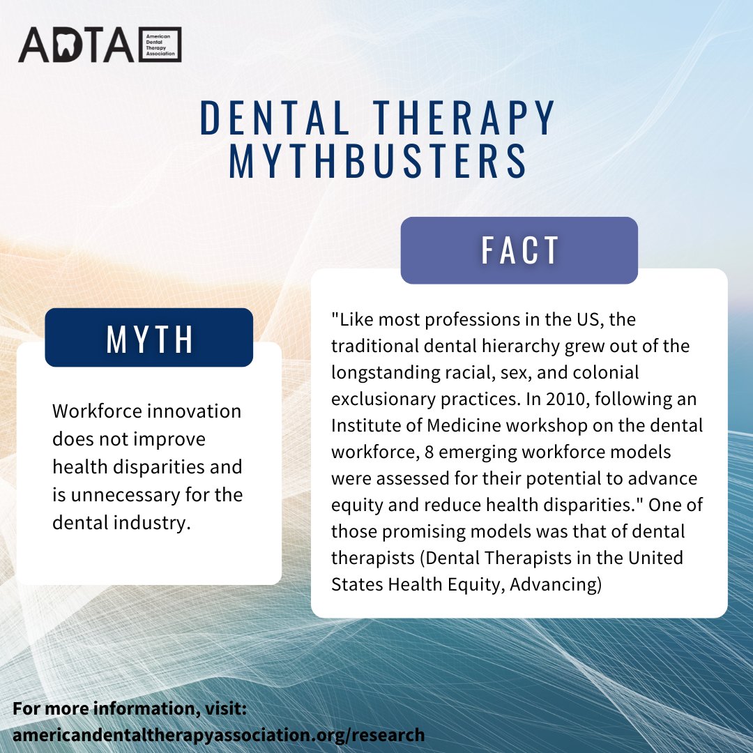 AmDentalTherapy's tweet photo. Know the facts about workforce innovation and the impacts dental therapy can make for the community! For more information visit: https://t.co/G9hLXPqE3w

#dentaltherapy #oralcare #dentaltherapist https://t.co/tgTuzWwVLU
