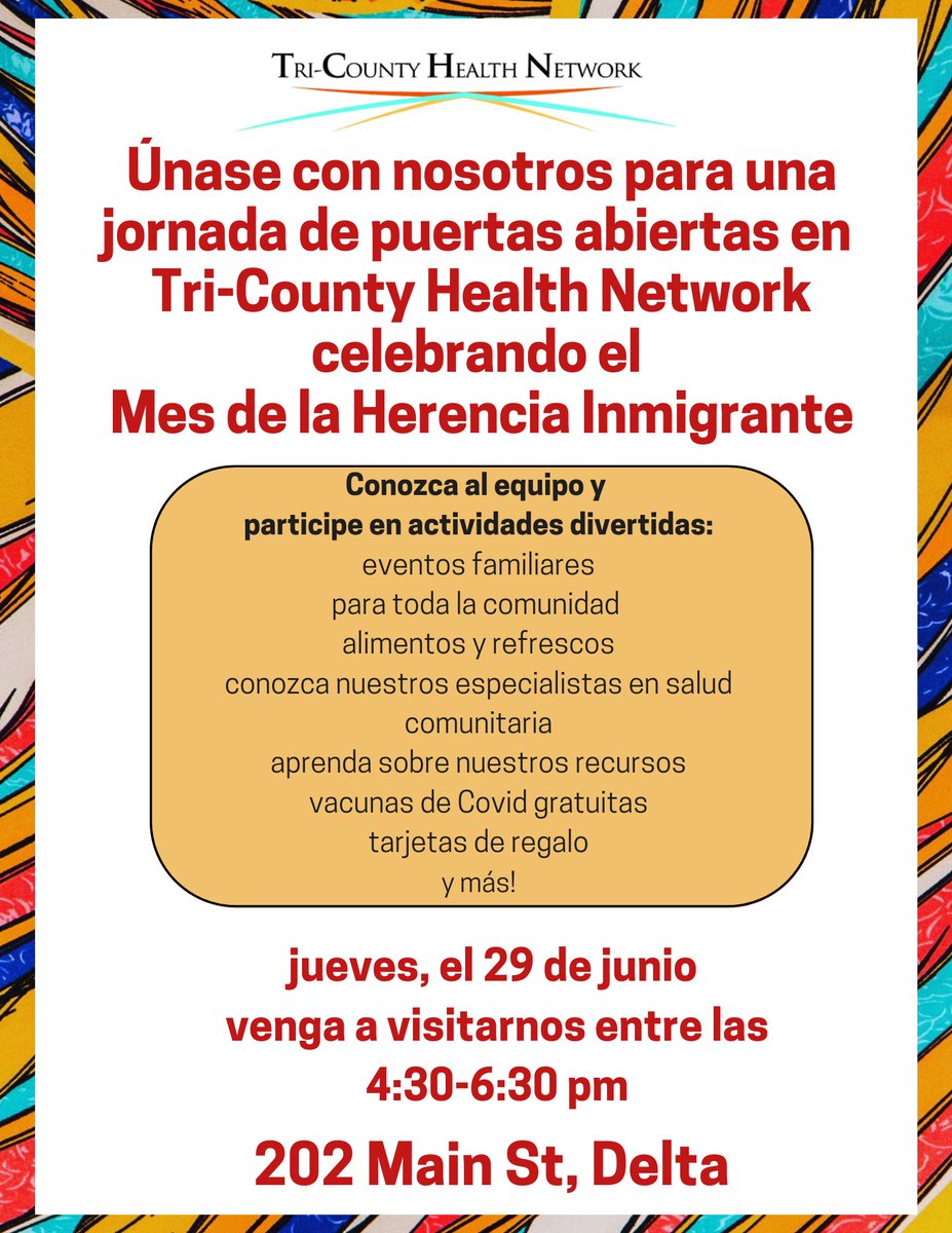 DELTA, NEXT WEEK!

Join Tri-County Health Network's Open House at the Delta Office 🚪

- appetizers & refreshments 
- giveaways & gift cards!
- FREE COVID vaccines

Thursday, June 29
4:30 pm - 6:30 pm 
202 Main St, Delta