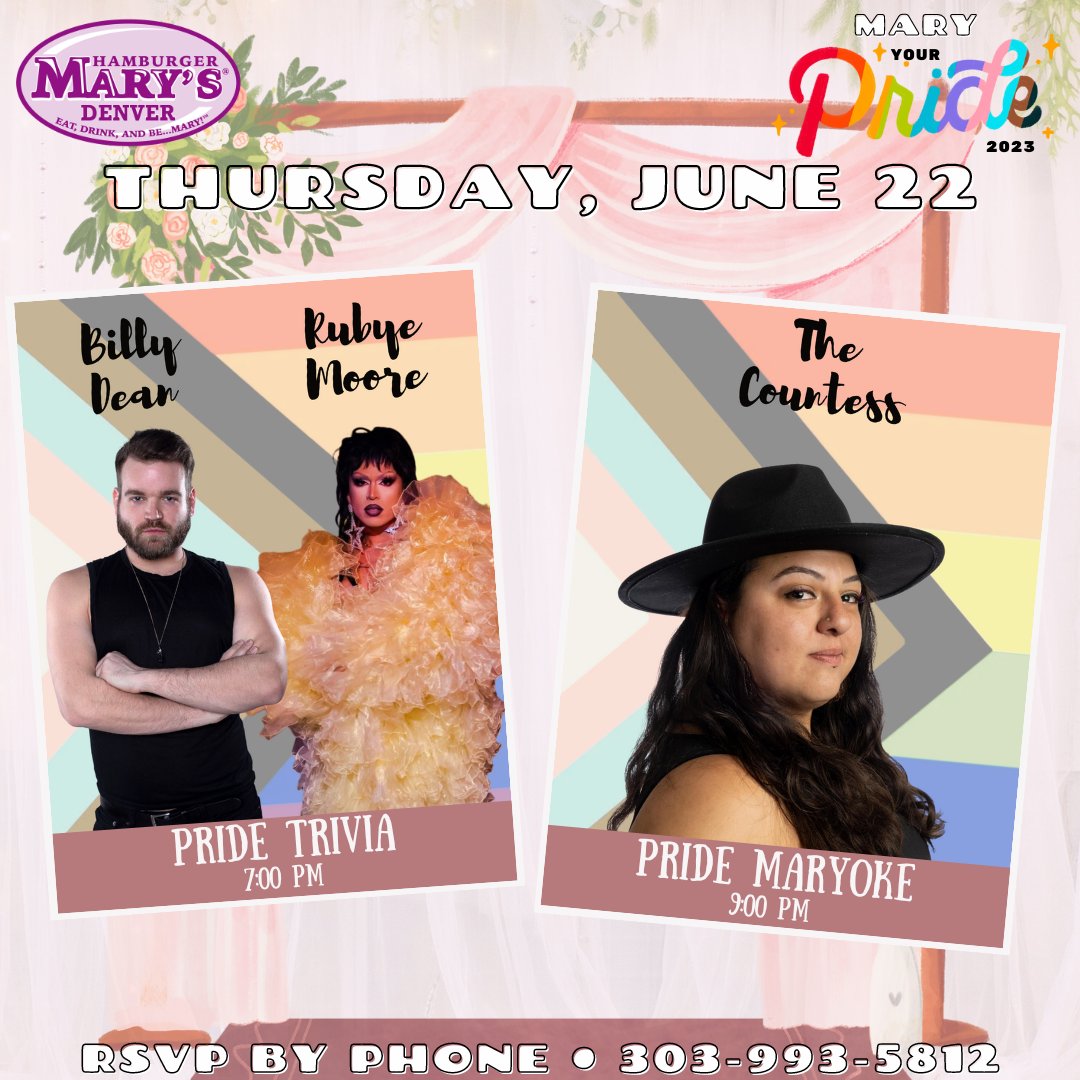 TONIGHT!!!

Get your brains working at Pride Trivia with Billy Dean and Rubye Moore, followed by Pride Maryoke with The Countess! 💋