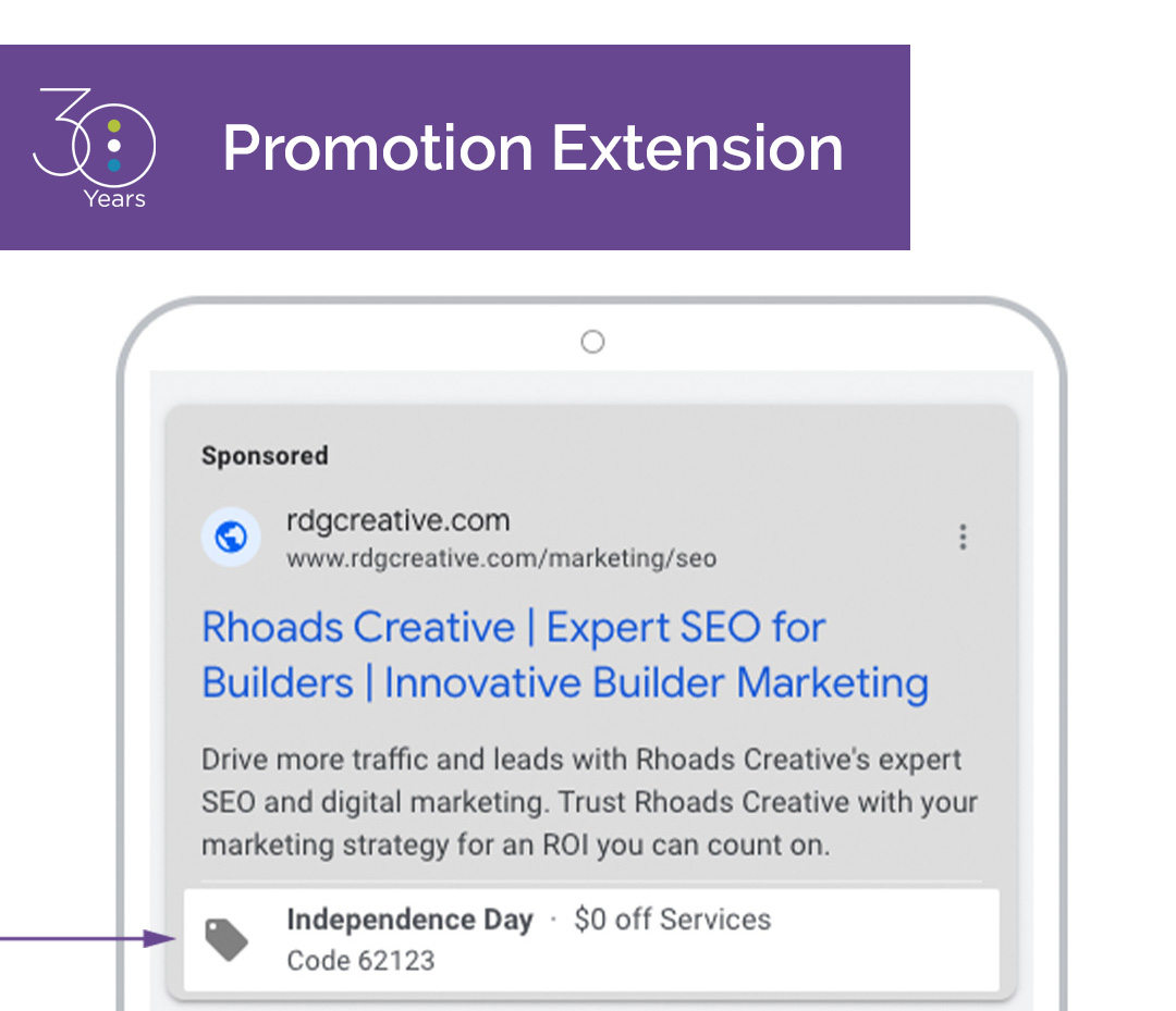 Be the big ad! Don't miss out on the free space from Google Ads. These extras are called extensions and include Apps, Lead Forms, Promotion, logos and more that help drive ROI. 

Not taking advantage? Set a time to talk with us and be the big ad. rdgcreative.com/contact