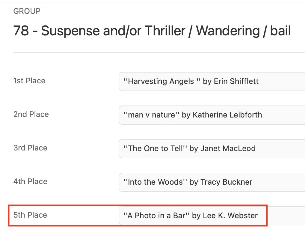 Son of a gun. My verbs and nouns came in fifth place in the 100-word @nycmidnight  Microfiction Challenge. Onto the next round. Congrats to all who participated!
 #AmWriting #nycmidnight100 #microfictionchallenge100 #FlashFiction #WritingCommunity