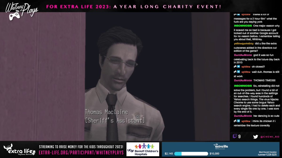 Chemi_Ro's tweet photo. Streaming more Deadly Premonition: The Director's Cut (PC) tonight (6/22) starting at 8:30pm (PT) for #EXTRALIFE 2023.  

Help me raise $10K for some deserving kids as I get ever closer to 1K hours playtime on one of my fav games!  
https://t.co/lihmuzFdJ7
https://t.co/bdOT0gRxYb https://t.co/tOLXDewsuq