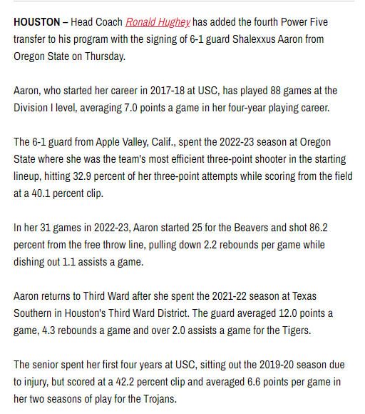Oregon State WBB grad transfer Shalexxus Aaron (6-1 wing, Apple Valley, CA) has landed at Houston; previously attended Southern Cal, Syracuse (briefly), and Texas Southern https://t.co/Fm5DOdV7S1 https://t.co/1SbuxEx4tE