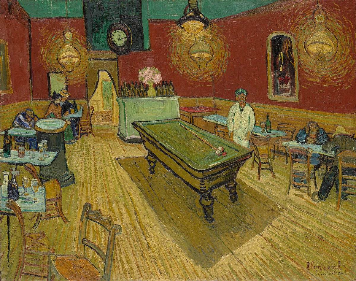 Van Gogh 1888'de Arles'da Cafe de la Gare'da bir odaya taşınır. Bu resimde bilardo masasının yanında bulunan beyazlı adam, Van Gogh'un oda ücreti olarak bu resmi verdiği Joseph Ginoux'dur.
👤Vincent Van Gogh
🎨 Night Cafe, 1888