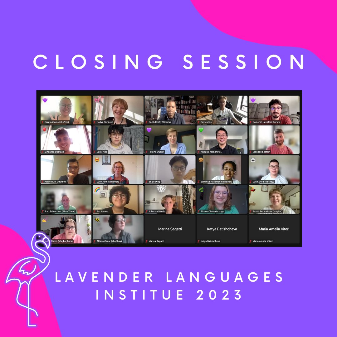 📸 Thank you, everyone, for making the Summer 2023 Lavender Languages Institute (LLI) incredible! We just wrapped up our Closing/Presentation session on Zoom, and it was electric. Check out these snapshots from the event! Stay tuned on our social media pages for Summer 2024 LLI!