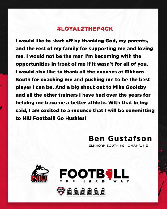 ben_gustafson8's tweet photo. COMMITTED!! 
#LOYAL2THEP4CK 🔴⚫️
@NIU_Football @NIUCoachHammock 
@CoachAgpalsa @NickBenedetto_ https://t.co/fKrDlpHWzo