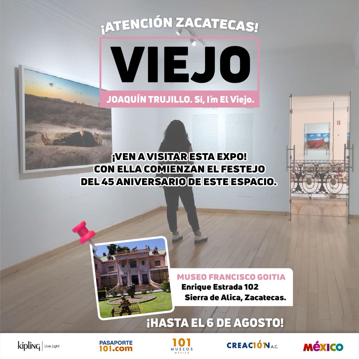 Fotografías en diversos formatos, videos, instalaciones e intervenciones que se extralimitan a la sala de exposición temporal comenzando con el jardín como primera impresión del espacio, pasando por el vestíbulo y las salas de exposición permanente dedicadas a Francisco Goitia.