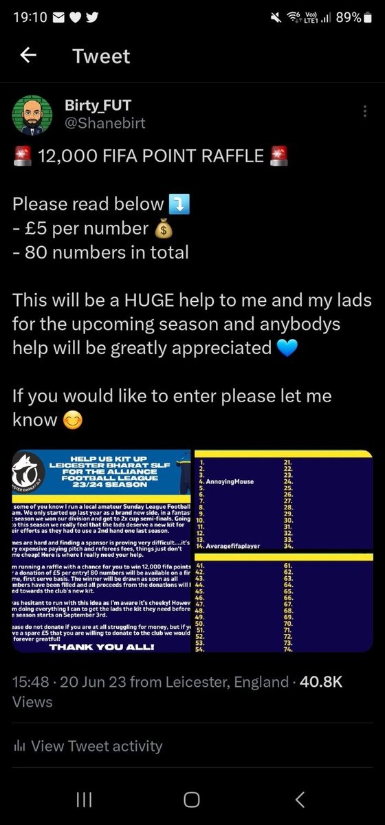 Giveaway time ❤️ 
3 raffle tickets to @Shanebirt  12k fifa points raffle 😀 ✨️ 3 winners 1 ticket each 🔥
Simply like 👍 
Retweet ♻️ 
And follow @Shanebirt  and @Fut_Ash_Fttam 
And lads get involved if u haven't yet its for a good cause and Shane is the nicest guy u will meet.