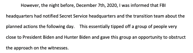 After the Nov. 2020 election, IRS agents scheduled a day of action to conduct interviews on Dec. 8, 2020.

Investigators were told not to ask about Joe Biden.

The night before, the FBI divulged details by tipping off the Biden transition team.

Whistleblower 1: