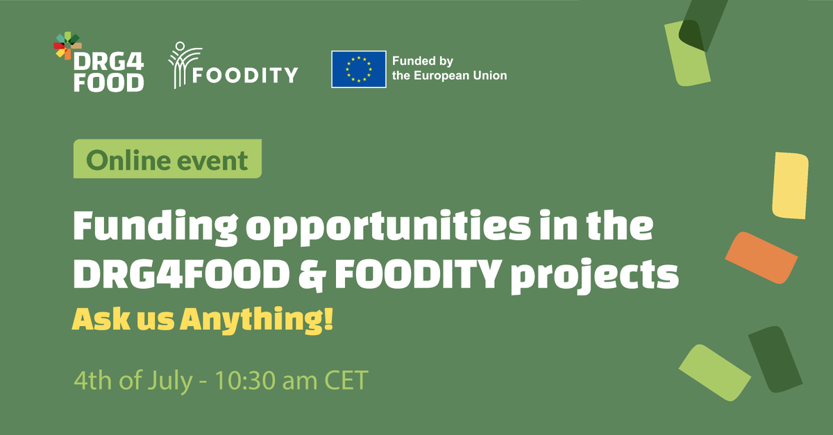 🗓️ [Save the date] | JOIN US on July 4 for our and #DRG4Food's #OpenCalls pre-launch session!

💡 Learn about our #FundingOpportunities and how we'll transform #FoodSystems through digital solutions and data responsibility.

Learn more: foodity.eu/foodity-drg4fo…

#Data4FoodCluster