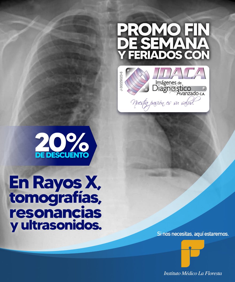 Le informamos que #IDACA, les trae la PROMO fines de semana y días feriados, en la que te ofrece un 20% de descuento al realizarte en esos días los siguientes exámenes:
#RayosX, #tomografías multicorte, #resonanciamagnética y #ultrasonido o Eco. Comunícate al 05014322283